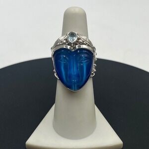 Sajen Ornate Sterling Silver Vintage Blue Cat Eye Topaz Goddess Carved Face Ring